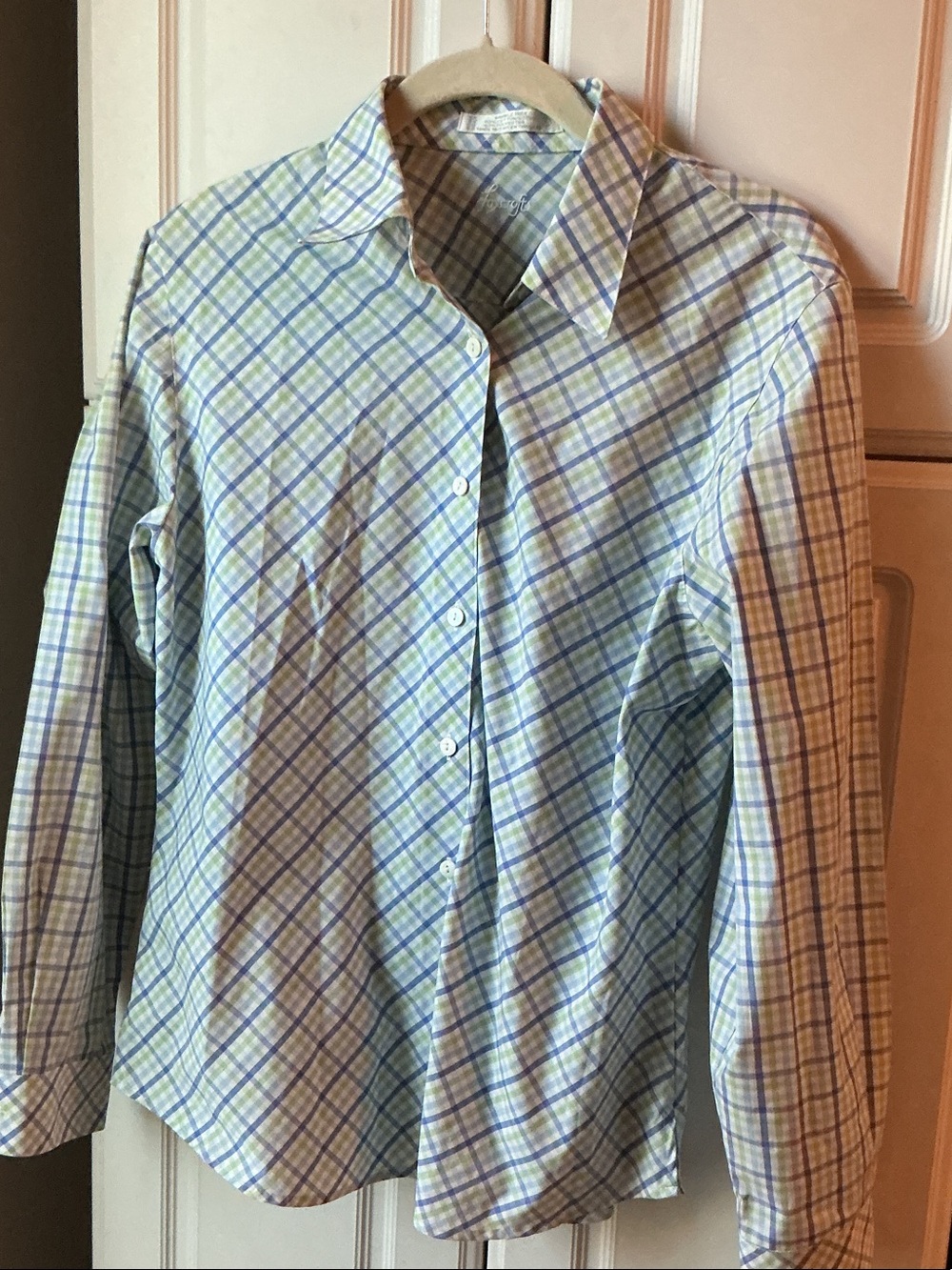 Ladies Foxcroft Plaid Dress Shirt in Light Blue and Green